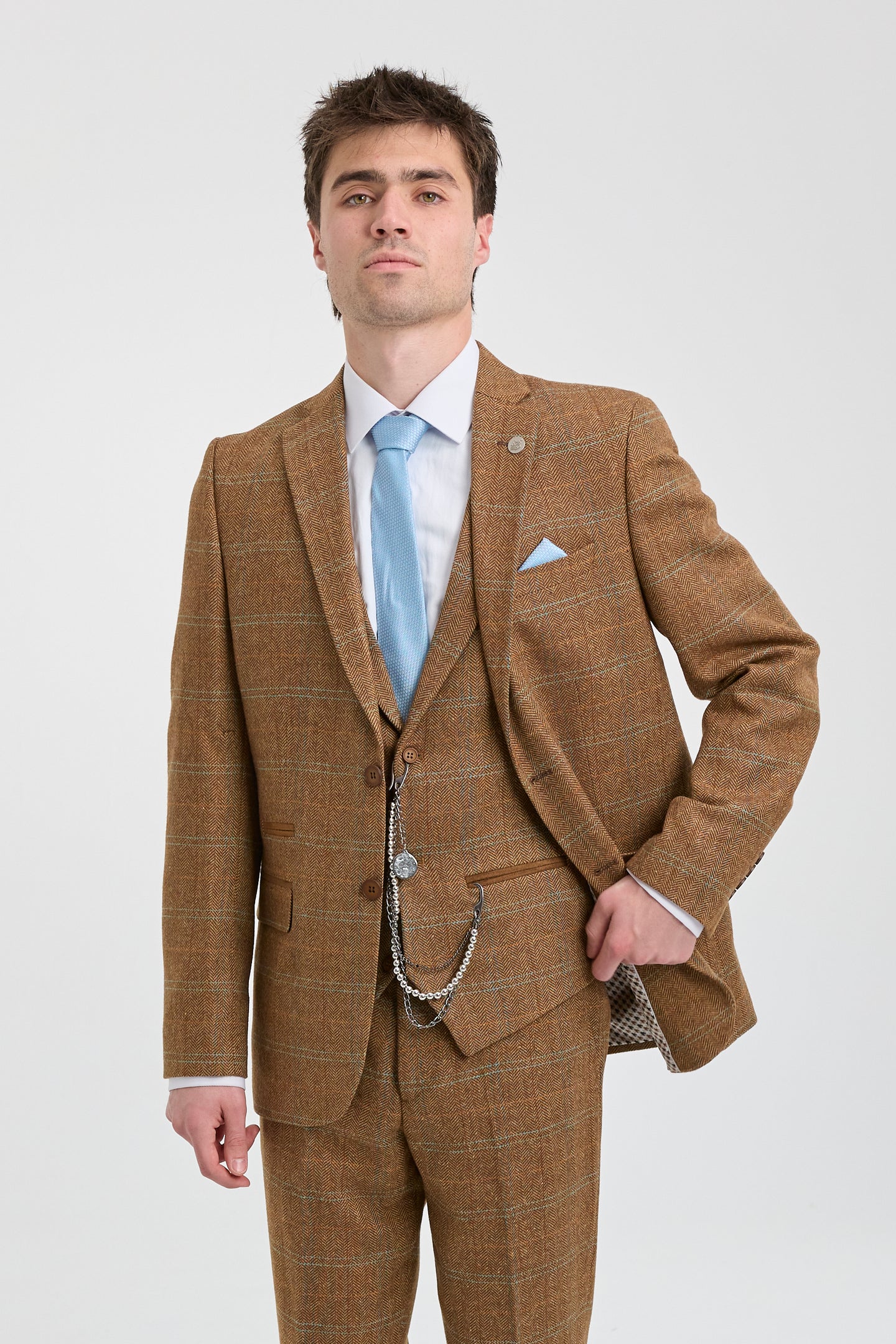 Abito da uomo 3 pezzi in tweed di lana a spina di pesce marrone chiaro e blu a quadri stile Gatsby anni '20
