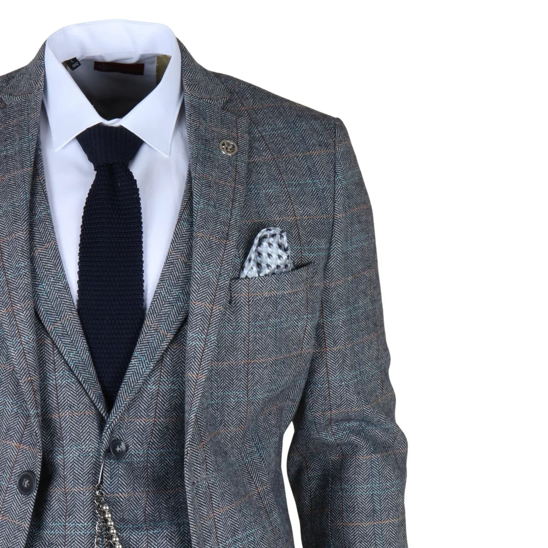Abito da uomo 3 pezzi in tweed di lana, azzurro e grigio a quadri