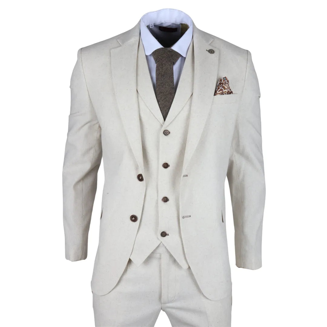 TP-21 Men's Beige 3-Piece Linen Summer Wedding Suit