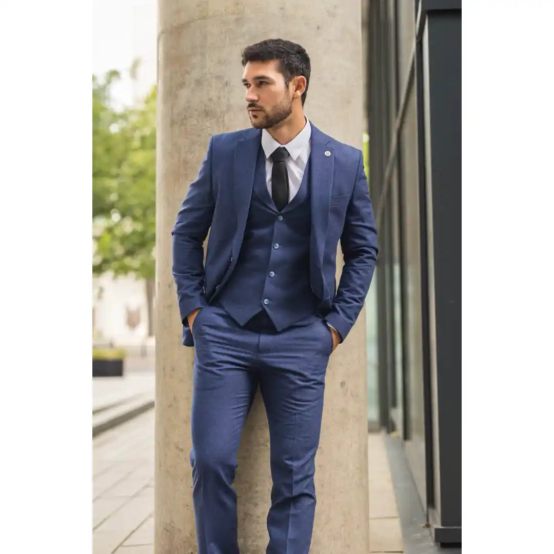 TP-24 - Abito da uomo estivo da sposa in lino blu navy, 3 pezzi