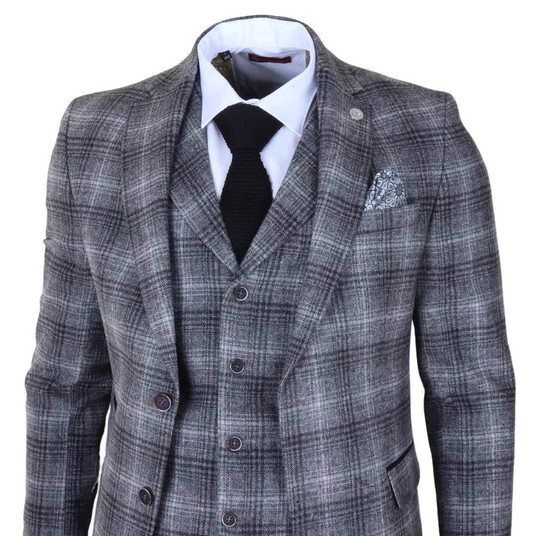 Abito da uomo a 3 pezzi in tweed grigio a quadri
