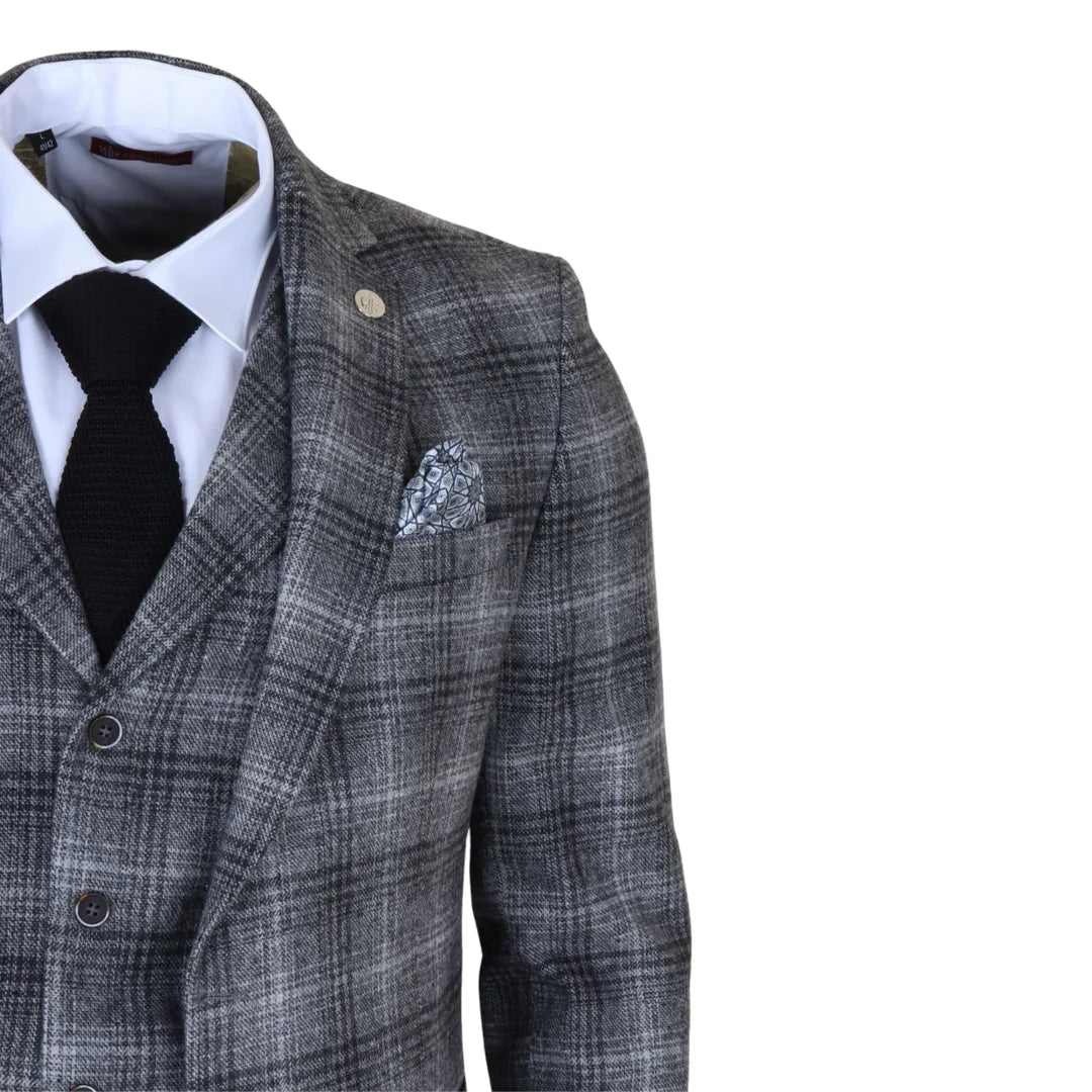 Abito da uomo a 3 pezzi in tweed grigio a quadri