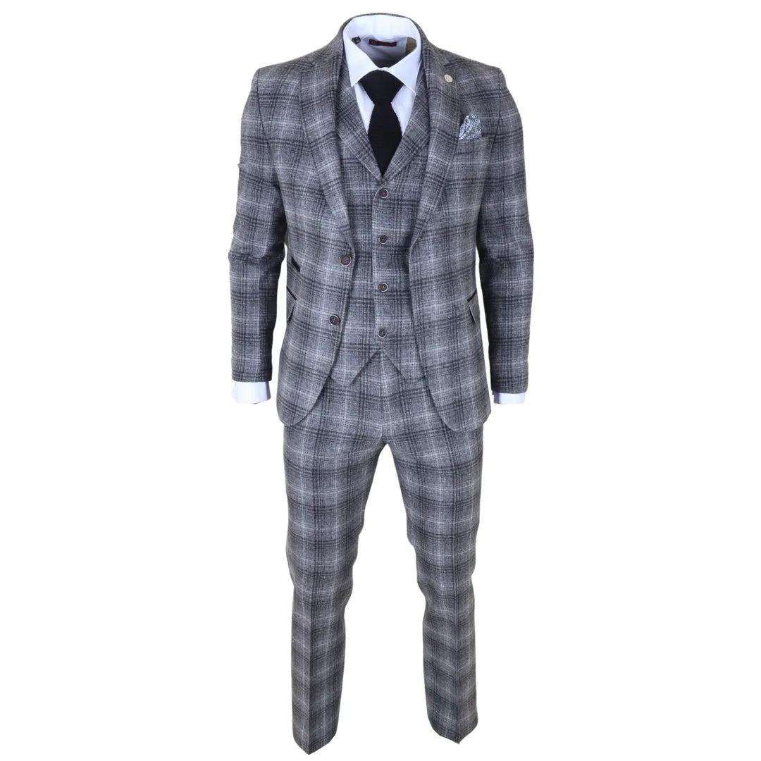 Abito da uomo a 3 pezzi in tweed grigio a quadri