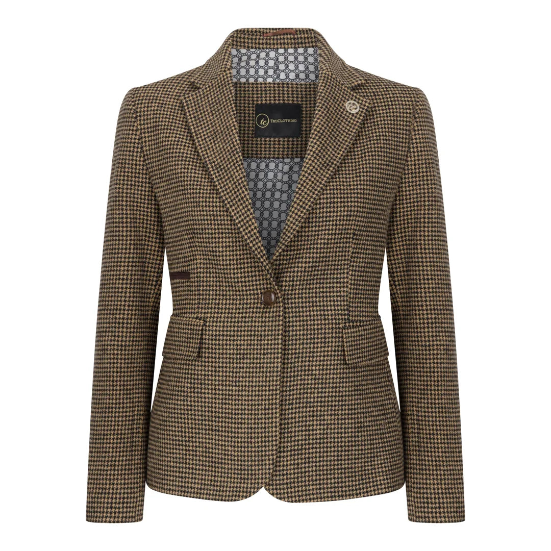 TPW-20 - Blazer da donna in tweed pied de poule marrone misto lana