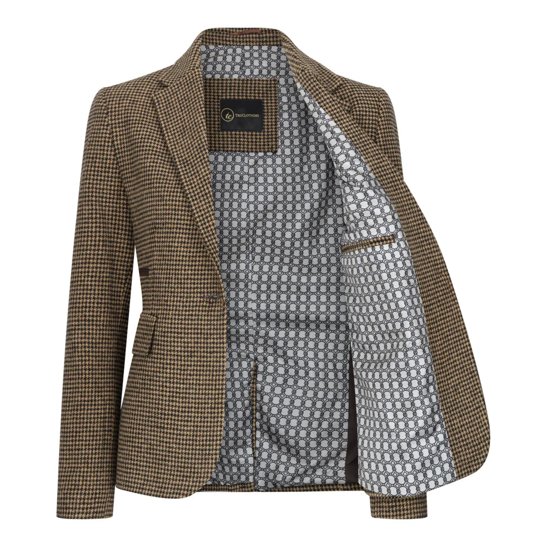 TPW-20 - Blazer da donna in tweed pied de poule marrone misto lana