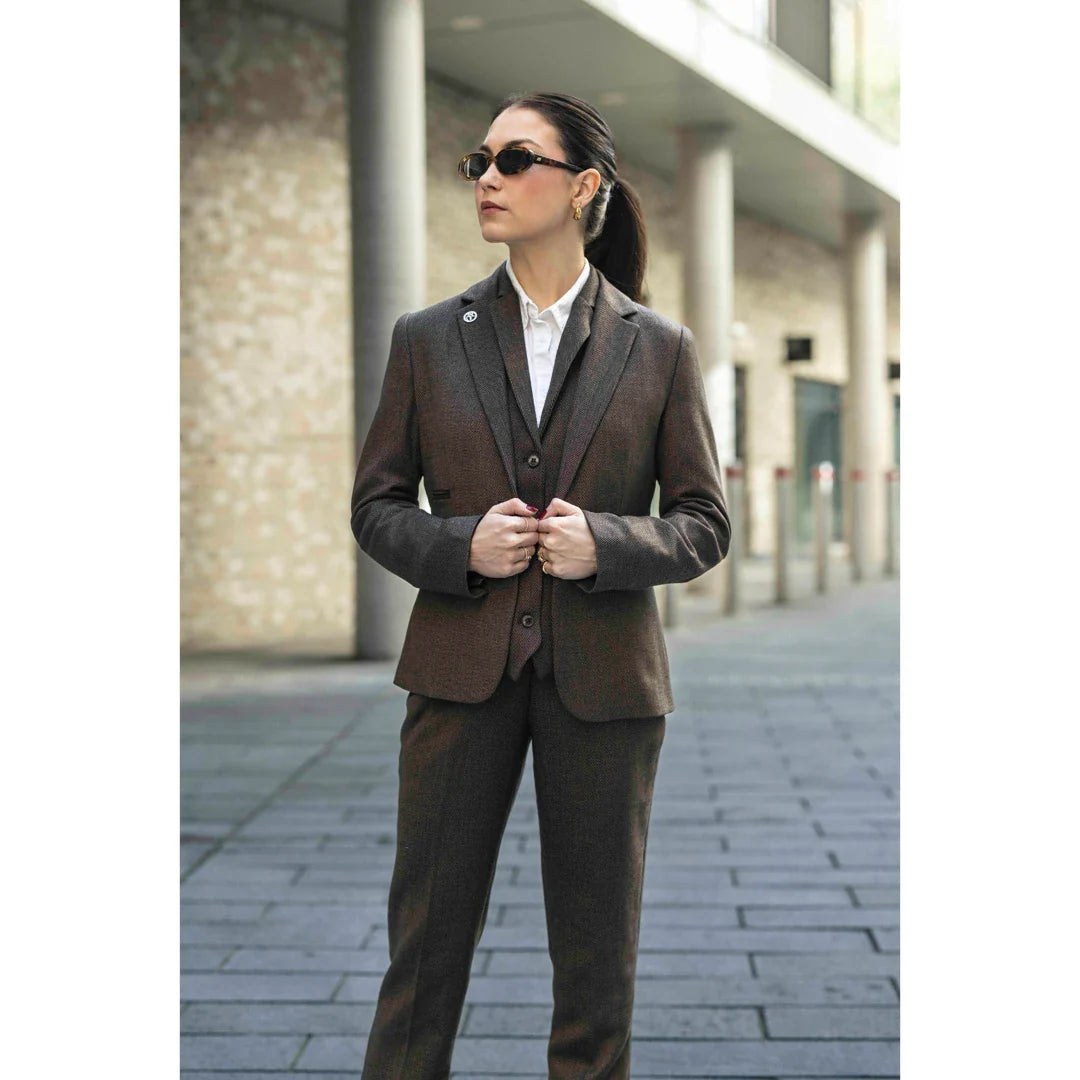 TPW-AK-06 - Abito da donna in tweed a spina di pesce marrone, 3 pezzi