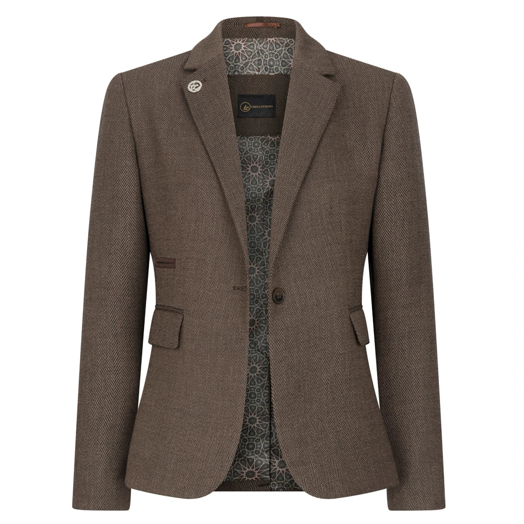 TPW-AK-06 - Abito da donna in tweed a spina di pesce marrone, 3 pezzi