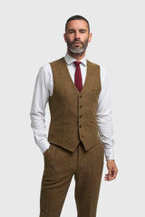 Thomas - Abito da uomo in tweed misto lana marrone, 3 pezzi