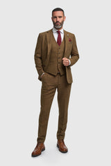 Thomas - Abito da uomo in tweed misto lana marrone, 3 pezzi