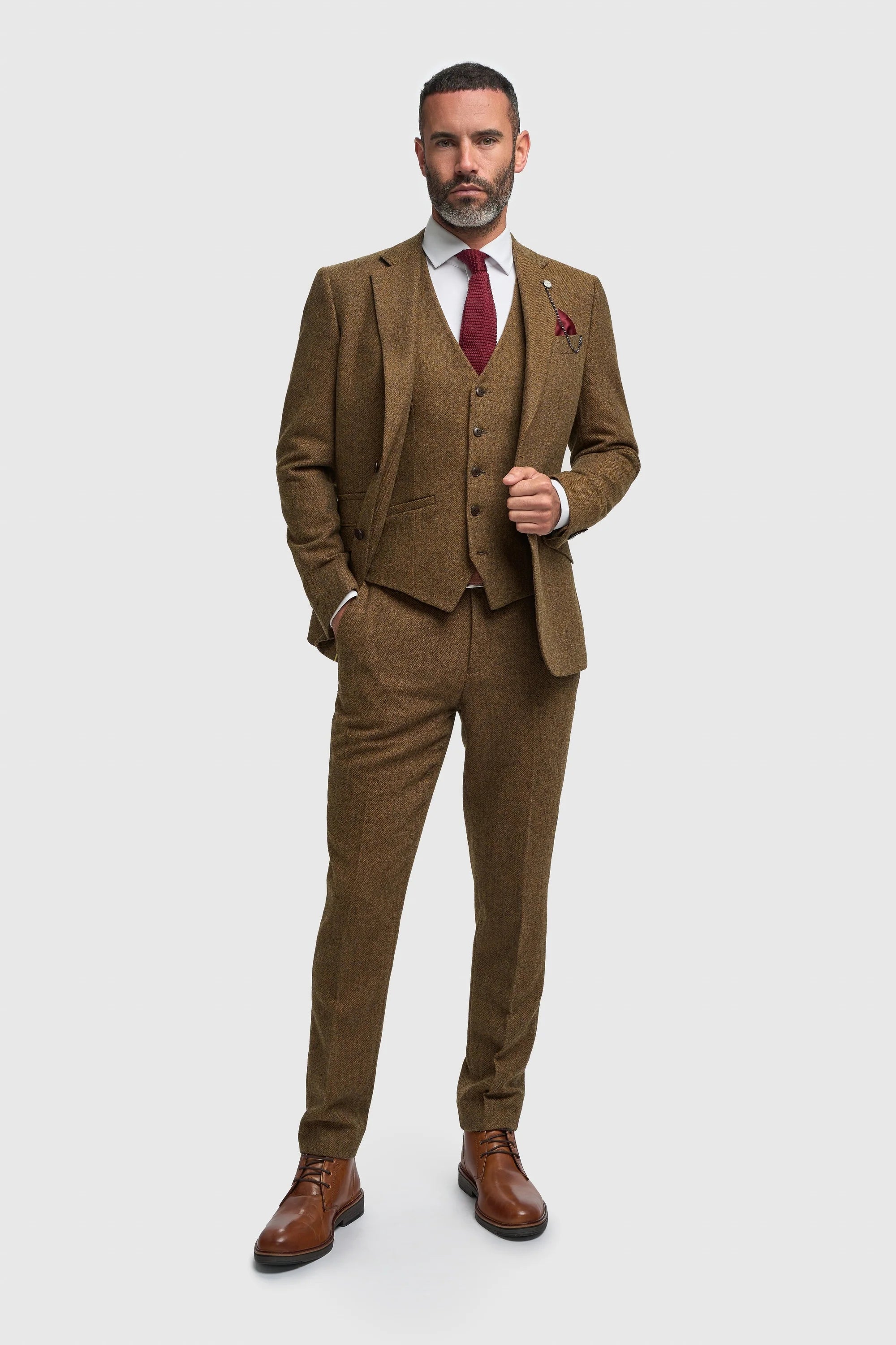 Thomas - Abito da uomo in tweed misto lana marrone, 3 pezzi