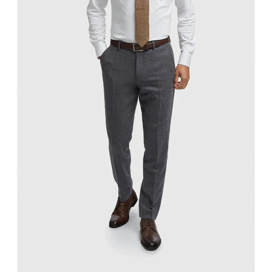 Thomas - Pantaloni da uomo in tweed a spina di pesce in misto lana blu navy