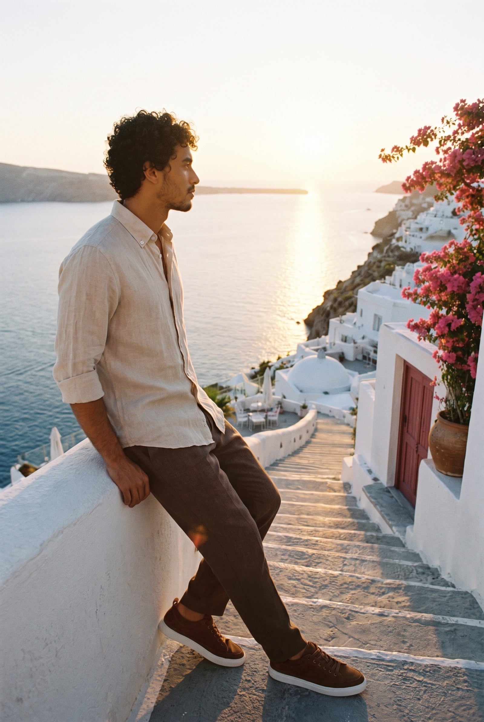 Look #874 styled with Camicia da uomo beige in puro lino, a maniche lunghe, con bottoni, ideale per l'estate.