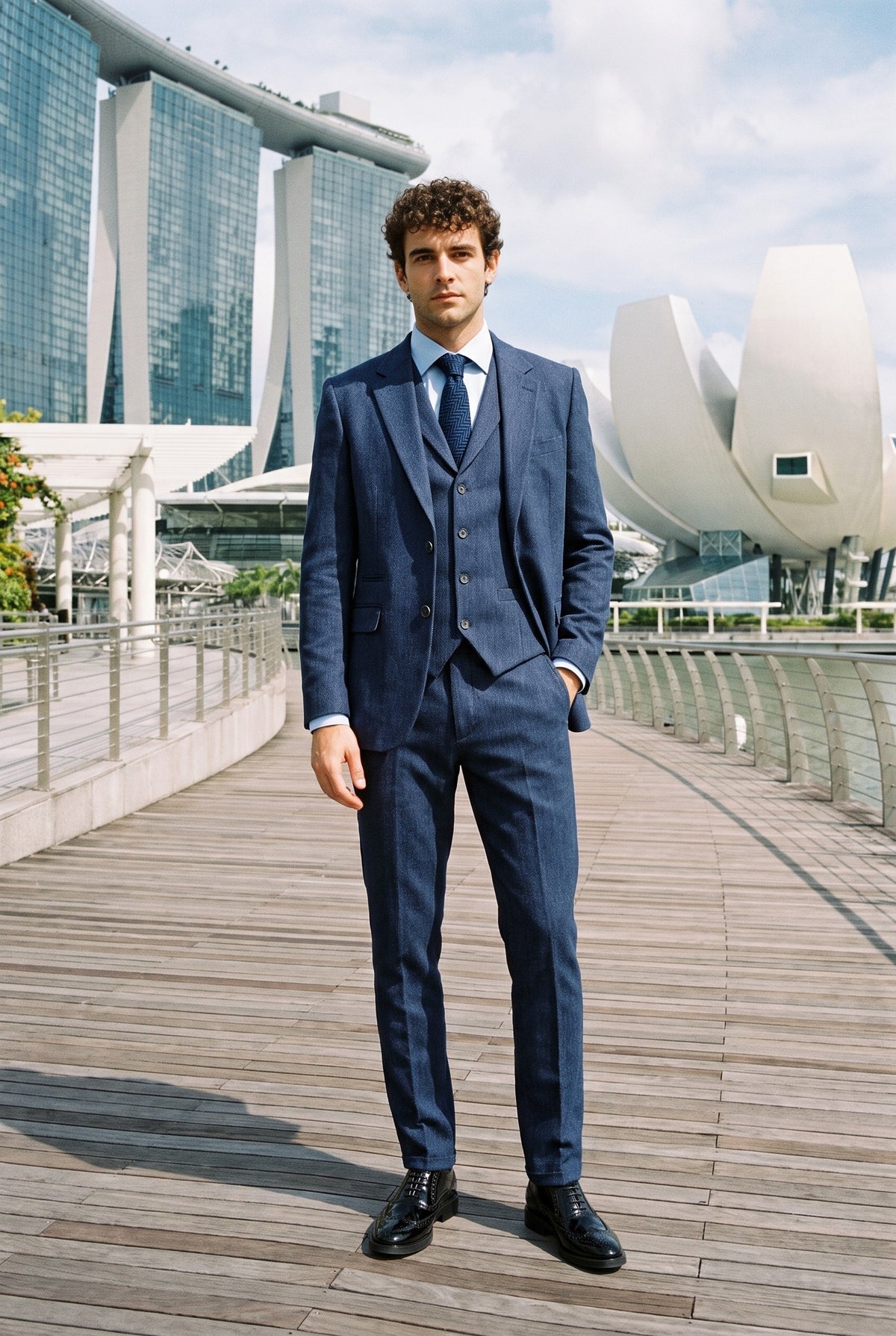 Look #989 styled with Abito da uomo in tweed a spina di pesce blu navy, 3 pezzi