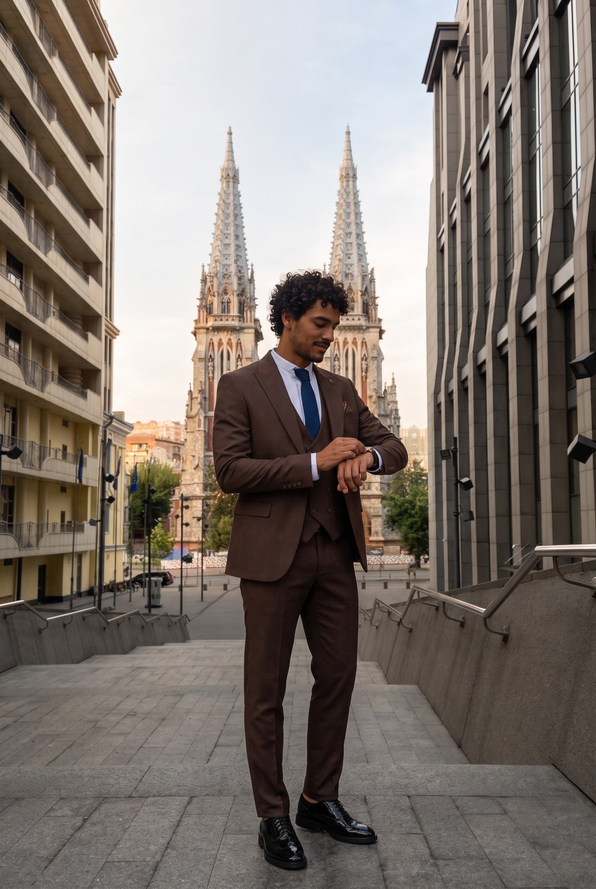 Look #305 styled with IM32 - Abito da uomo in tinta unita marrone scuro, 3 pezzi