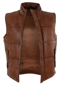 Mens Real Leather Waistcoat Gilet Quilted Puffer Design Warm Zip Casual Tan