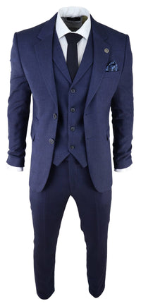 Men's Navy-Blue Herringbone Tweed 3 Piece Suit