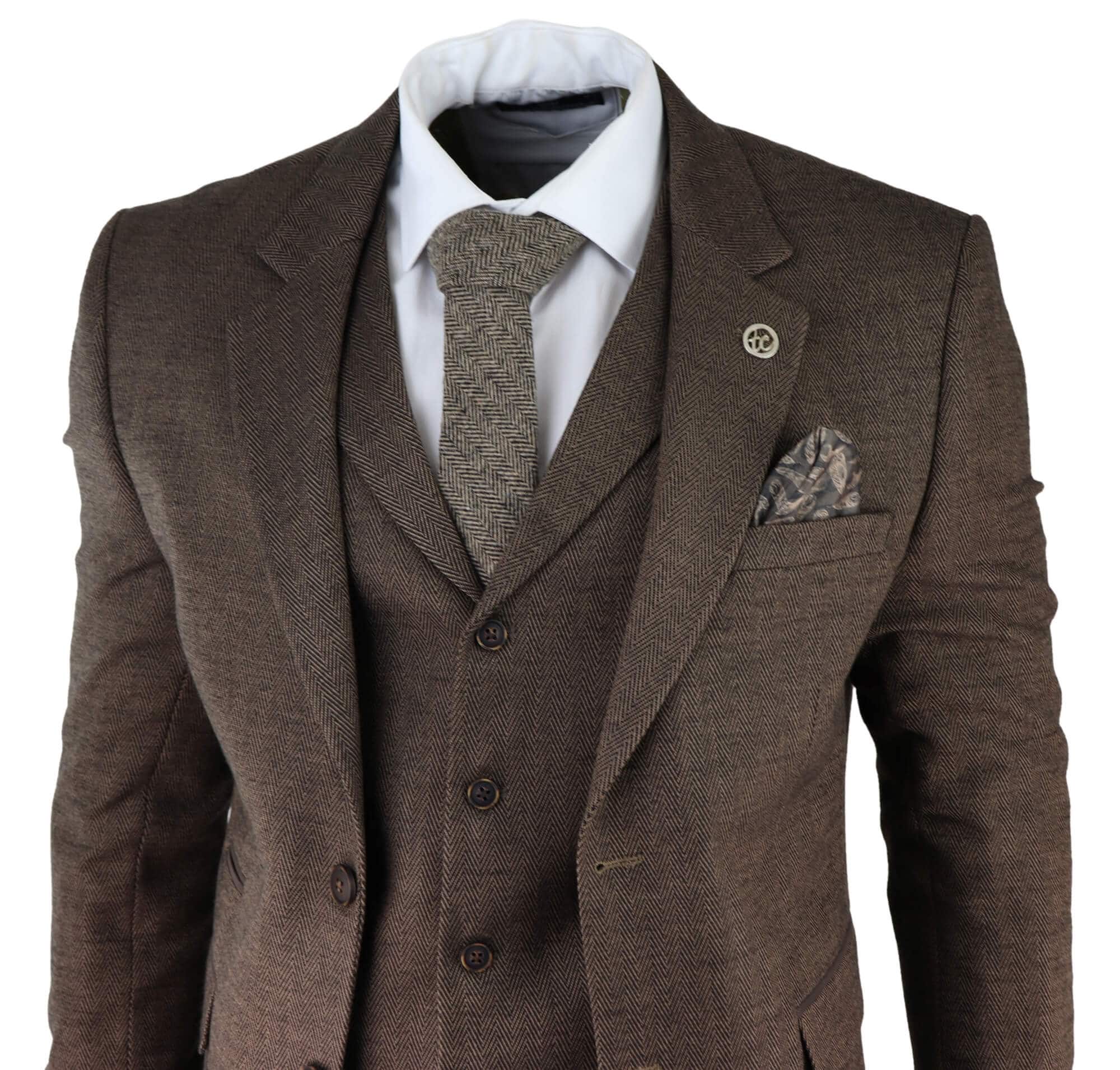 Men's Brown Herringbone Tweed 3 Piece Suit