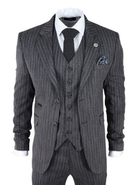 Men's Grey Pinstripe Herringbone Tweed 3 Piece Suit