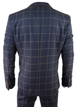 Men's Navy-Blue Windowpane Check 3 Piece Suit