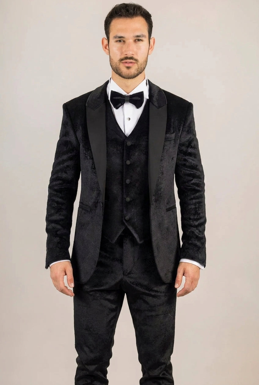 Smoking da sposa in velluto nero da uomo AK-26, 3 pezzi, con revers in raso