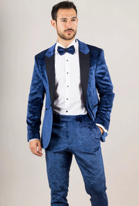 AK-27 Men's Blue 3-Piece Velvet Wedding Tuxedo with Black Satin Lapels