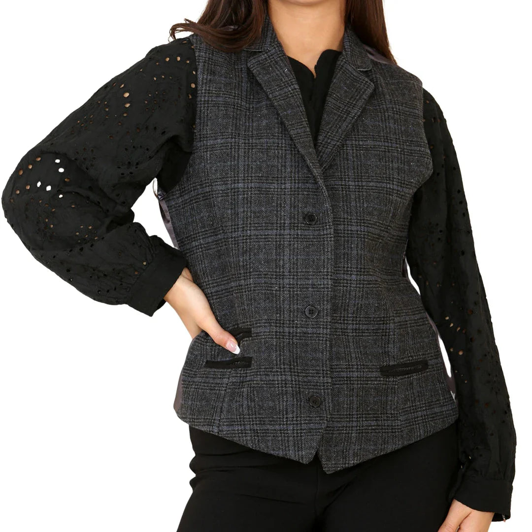 Gilet da donna in tweed a quadri grigio