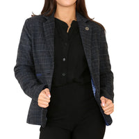 Completo blu da donna con blazer a quadri in tweed