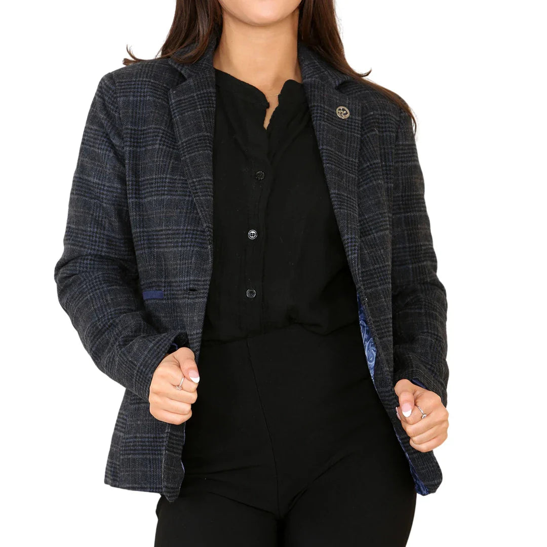 Completo blu da donna con blazer a quadri in tweed