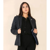 Completo blu da donna con blazer a quadri in tweed