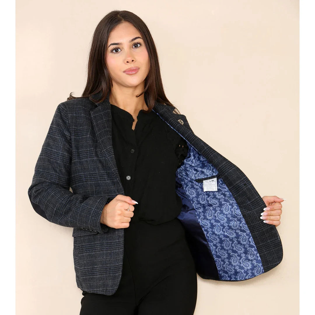 Completo blu da donna con blazer a quadri in tweed