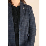 Completo blu da donna con blazer a quadri in tweed