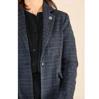 Completo blu da donna con blazer a quadri in tweed