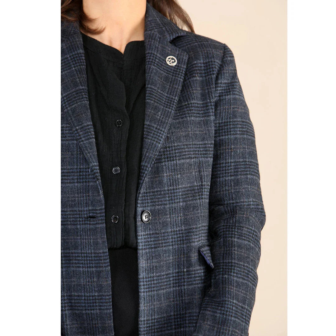 Completo blu da donna con blazer a quadri in tweed
