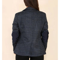 Completo blu da donna con blazer a quadri in tweed