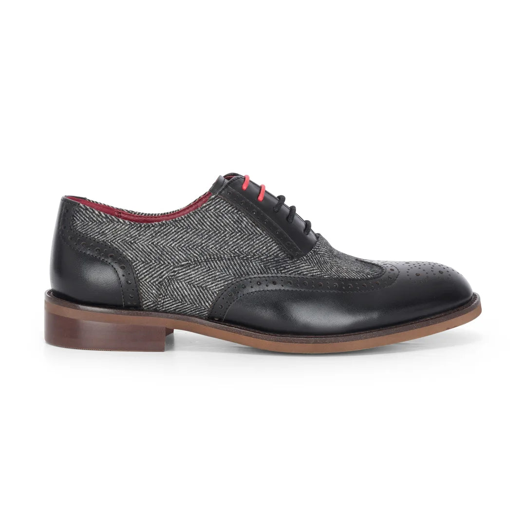Albert - Scarpe brogue da uomo in pelle nera con dettagli in tweed