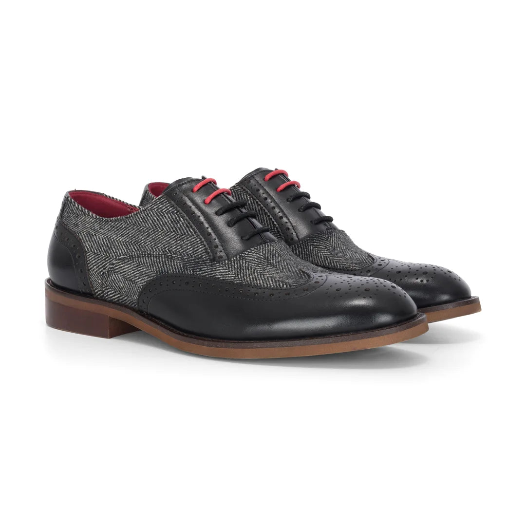 Albert - Scarpe brogue da uomo in pelle nera con dettagli in tweed