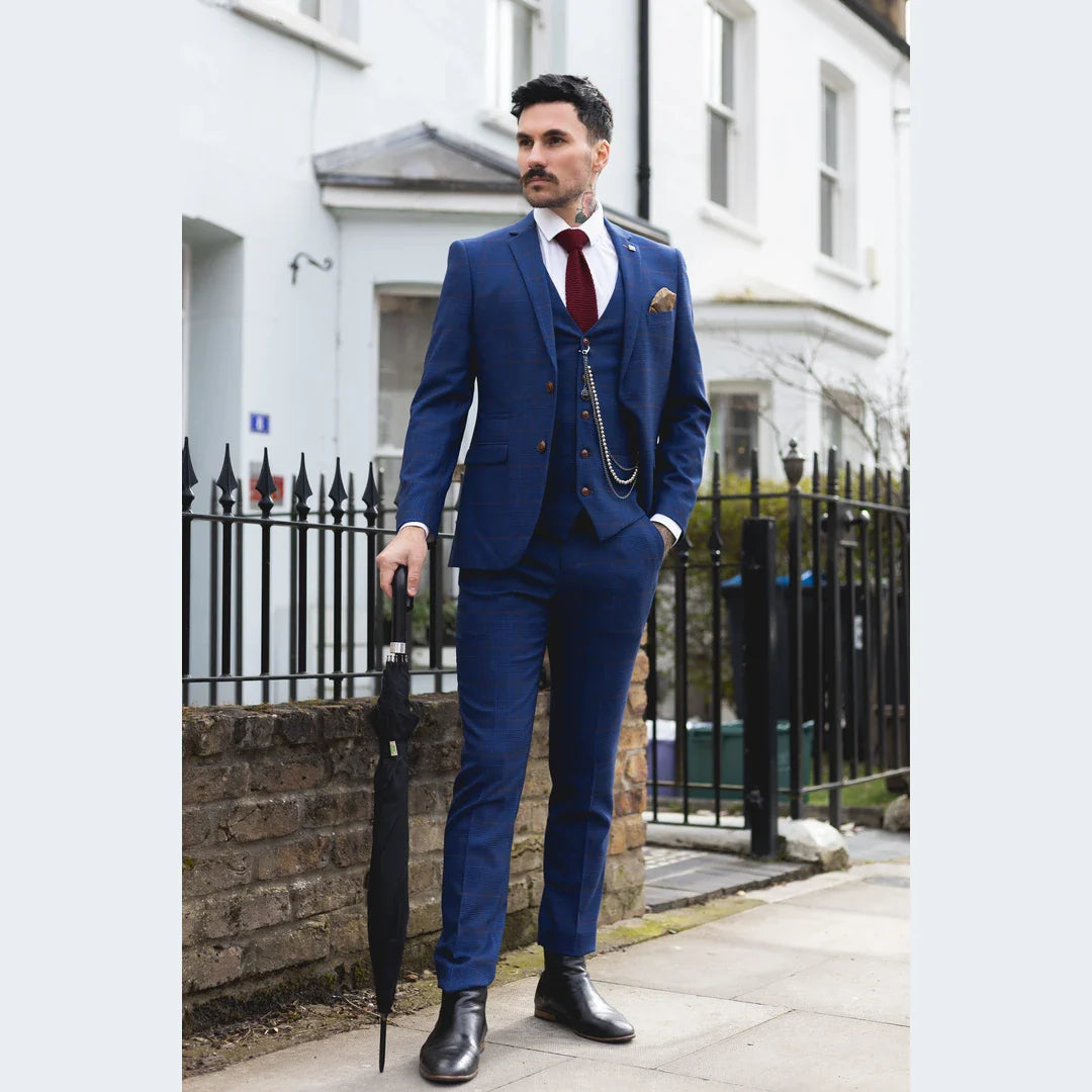 Abito da uomo a 3 pezzi, su misura, a quadri blu e marroni, in stile principe di Galles, per matrimonio e ballo di fine anno