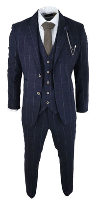 Mens Navy Check 3 Piece Suit Wool Tweed Classic 1920s Vintage Tailored Fit Wedding