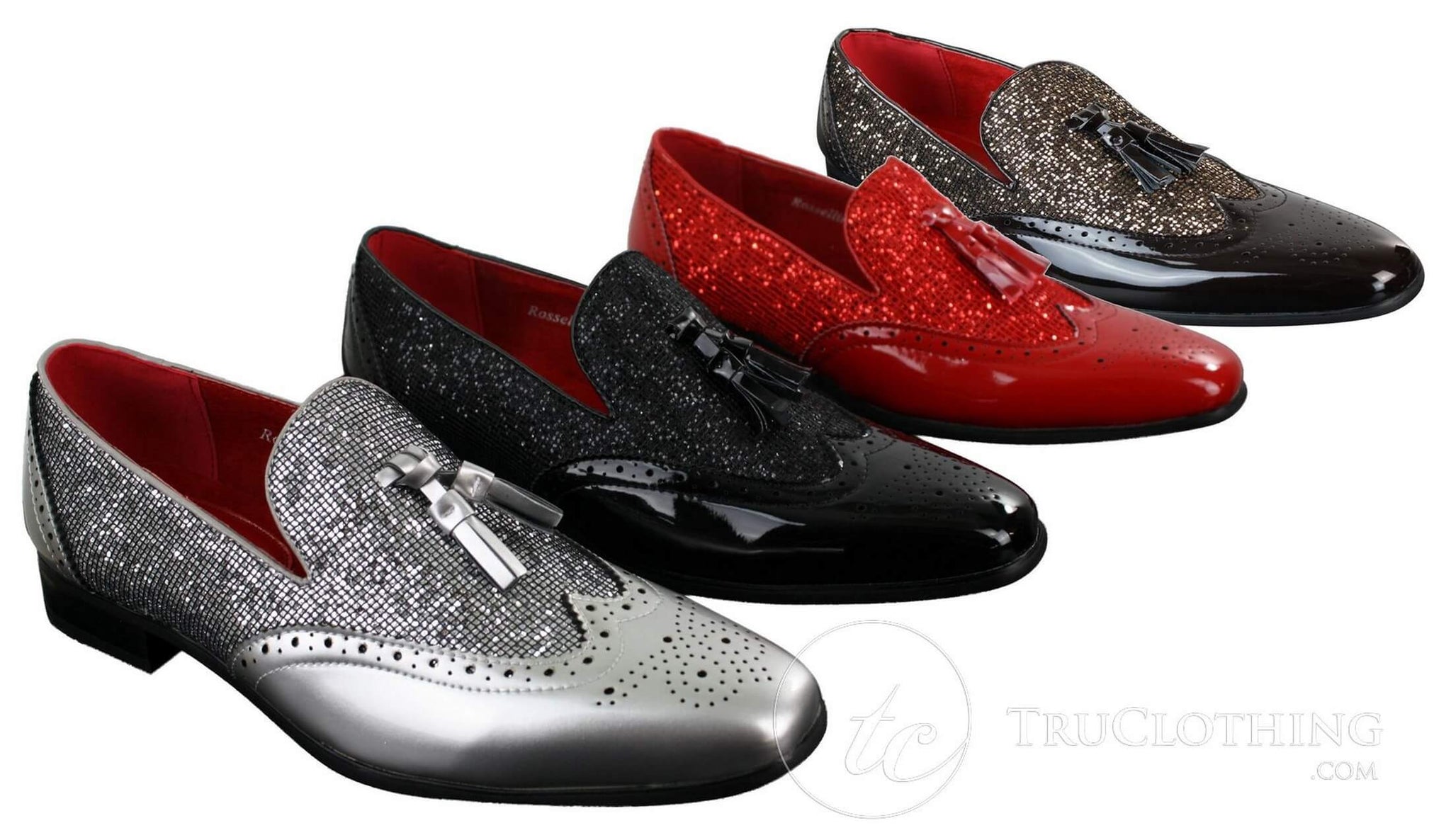 Mens Smart Party Shiny Tassle Shoes Red Silver Black Slip On Patent Leather