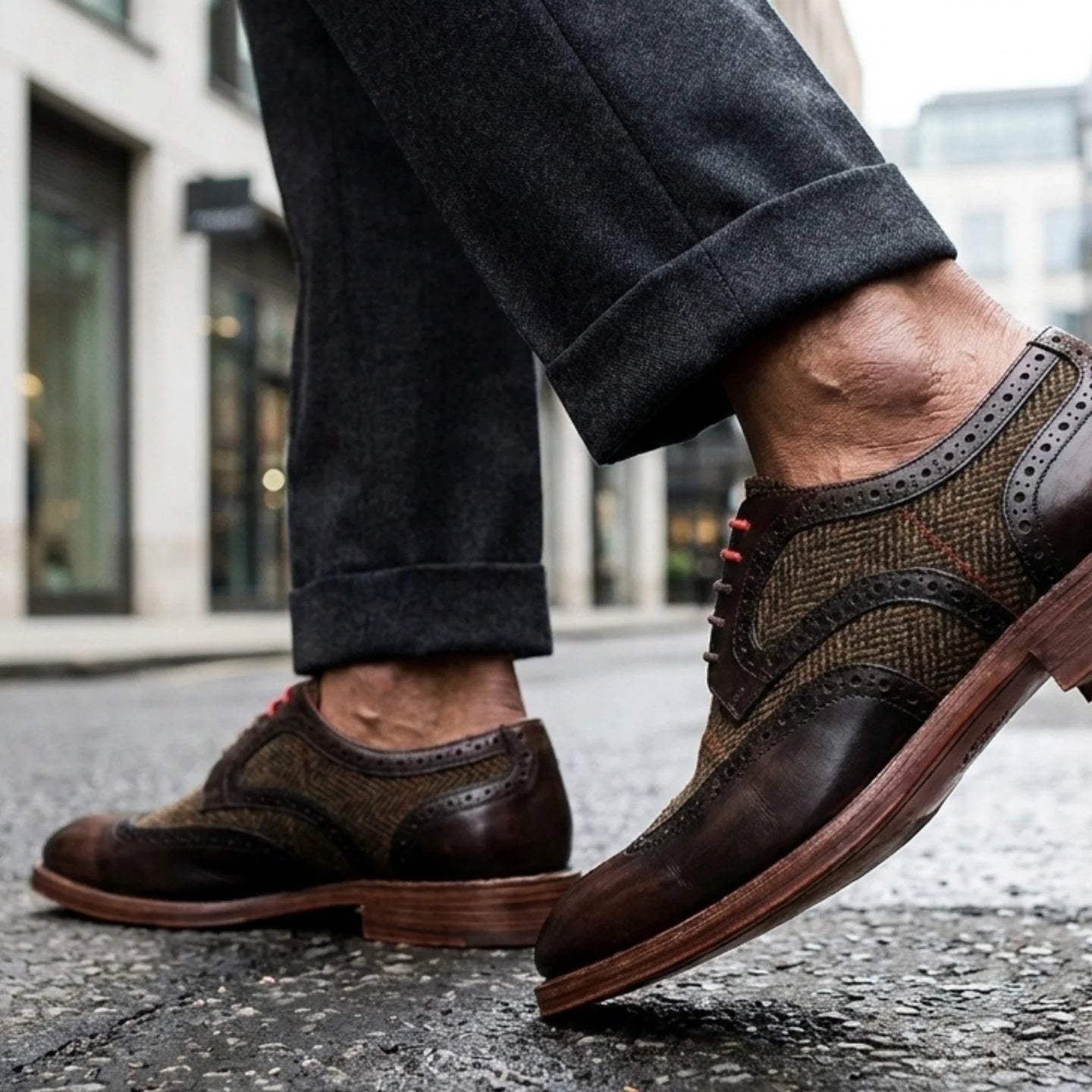 Arlo - Scarpe brogue da uomo in pelle marrone e tweed