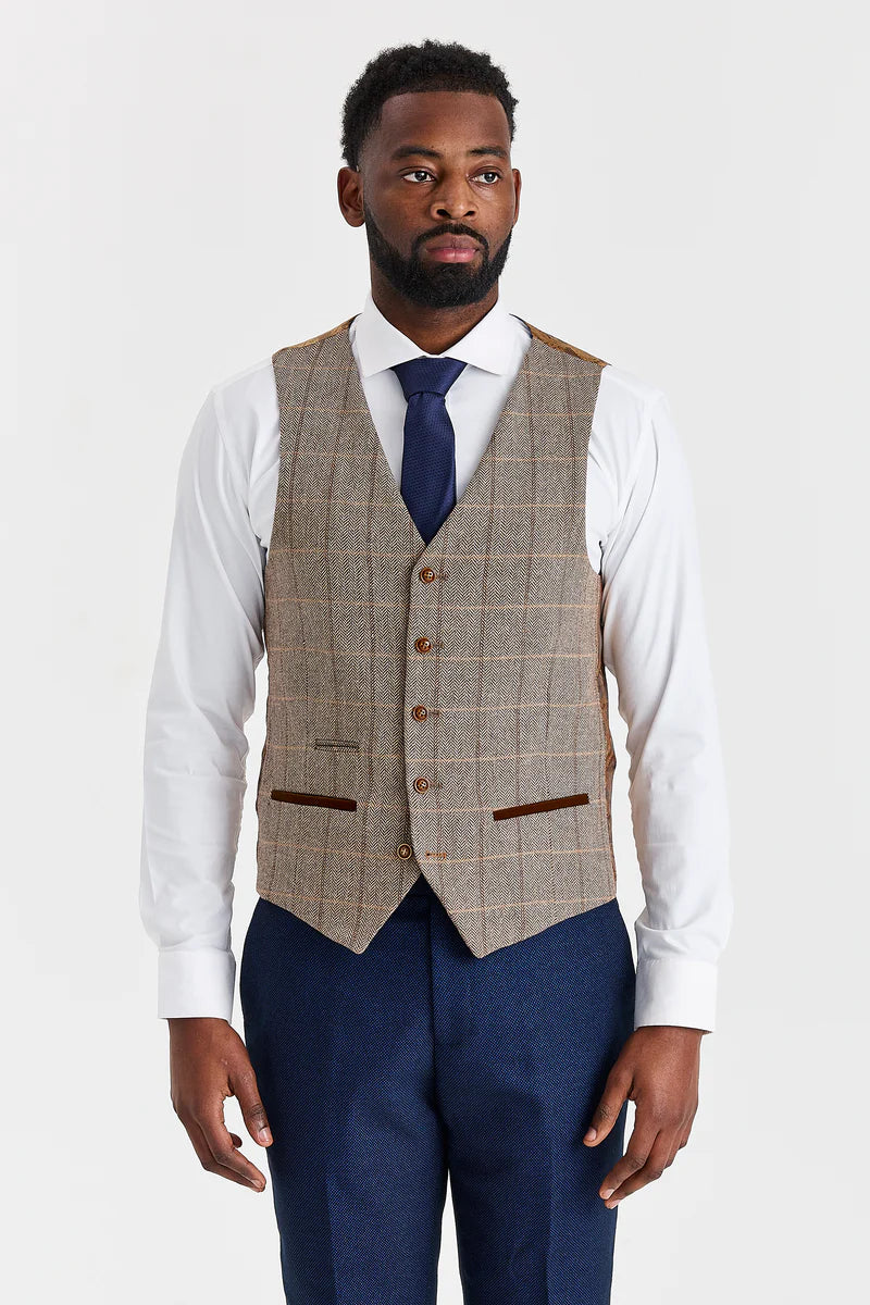 Abito blu navy Arthur con gilet in tweed a contrasto Harris Brown