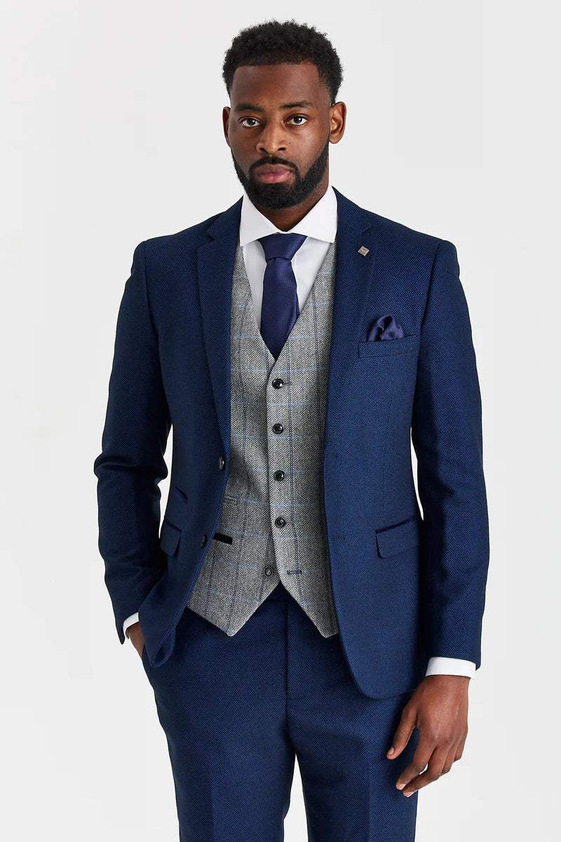 Abito blu navy Arthur con gilet in tweed grigio Harris a contrasto
