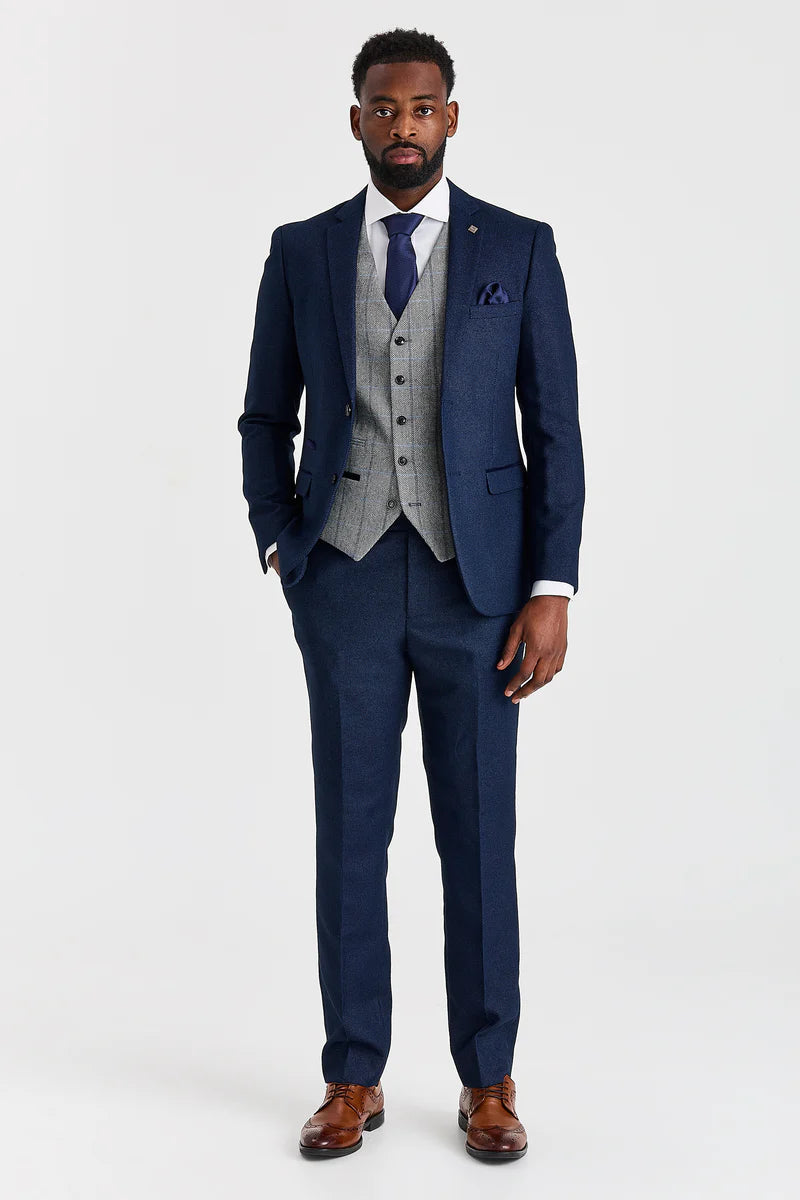 Abito blu navy Arthur con gilet in tweed grigio Harris a contrasto