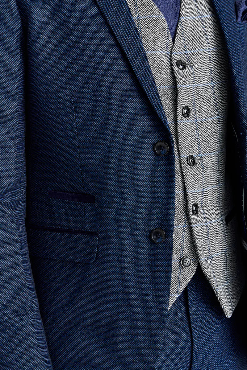 Abito blu navy Arthur con gilet in tweed grigio Harris a contrasto