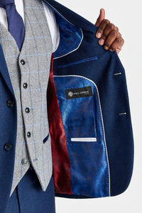 Abito blu navy Arthur con gilet in tweed grigio Harris a contrasto