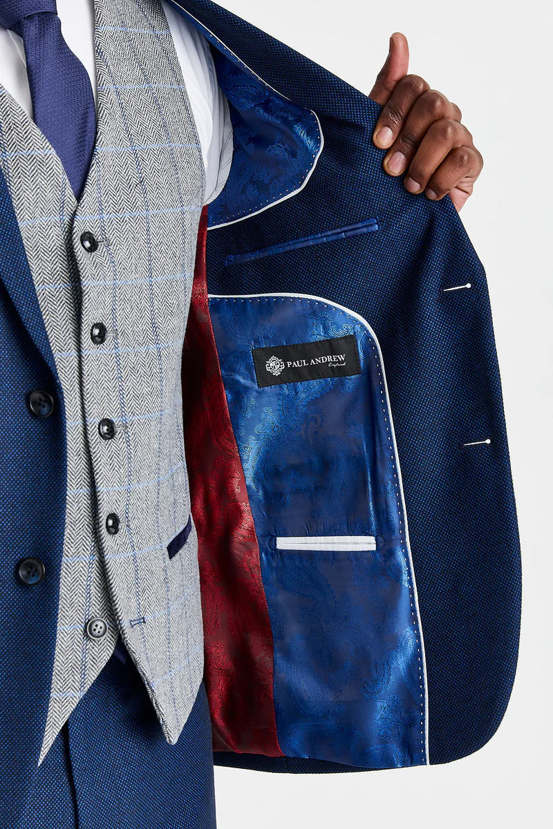 Abito blu navy Arthur con gilet in tweed grigio Harris a contrasto