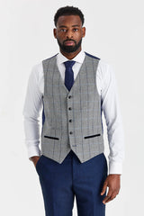 Abito blu navy Arthur con gilet in tweed grigio Harris a contrasto