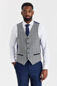 Abito blu navy Arthur con gilet in tweed grigio Harris a contrasto