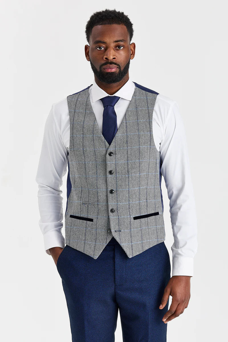 Abito blu navy Arthur con gilet in tweed grigio Harris a contrasto
