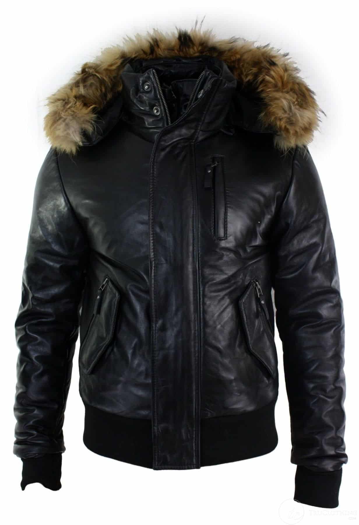 Mens Real Fur Hood Bomber Leather Jacket Black Puffer Padded-Black